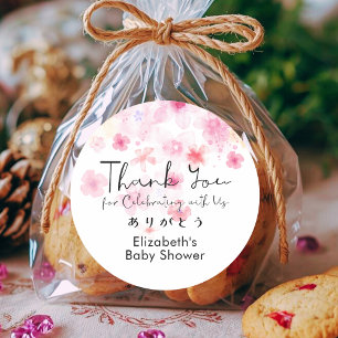 Adesivo Redondo Chuva de Bebê Obrigado Rosa Floral Cute Script