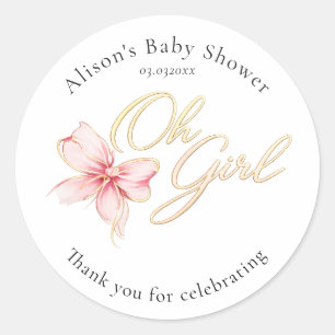 Adesivo Redondo Chuva de Bebê 'Oh Girl' Rosa e Dourado com Tipogra