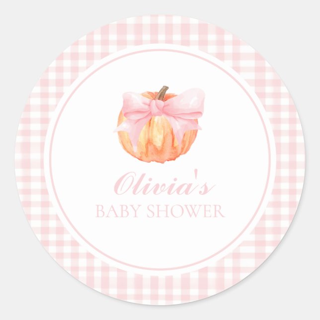 Adesivo Redondo Chuva de bebê Pumpkin Pink com laço e xadrezinho (Frente)