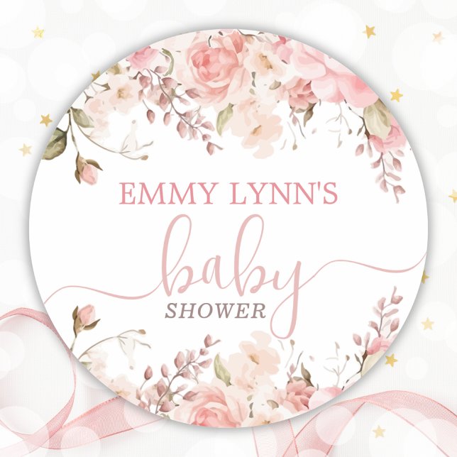 Adesivo Redondo Chuva de Bebê Rosa Bege Bebê em Flor  (Blush Pink Baby In Bloom Baby Shower Classic Round Sticker)