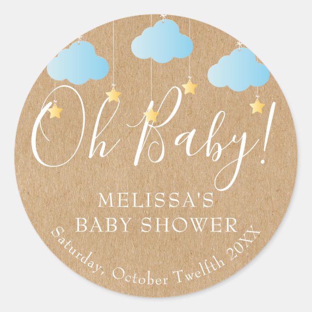 Adesivo Redondo Chuva de Bebê Rustic Kraft Twinkle Twinkle Oh Baby (Frente)