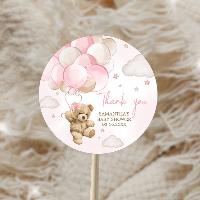 Adesivo Redondo Chuva de Bebê Urso Rosa Boho (Boho Pink Bear Balloon Baby Shower Sticker)