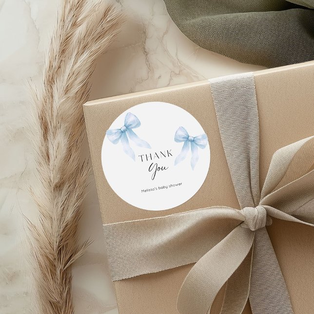 Adesivo Redondo Chuva de Bênçãos Gêmeos Bebê Shower Blue Bow (Twins baby shower thank you round sticker for boys)