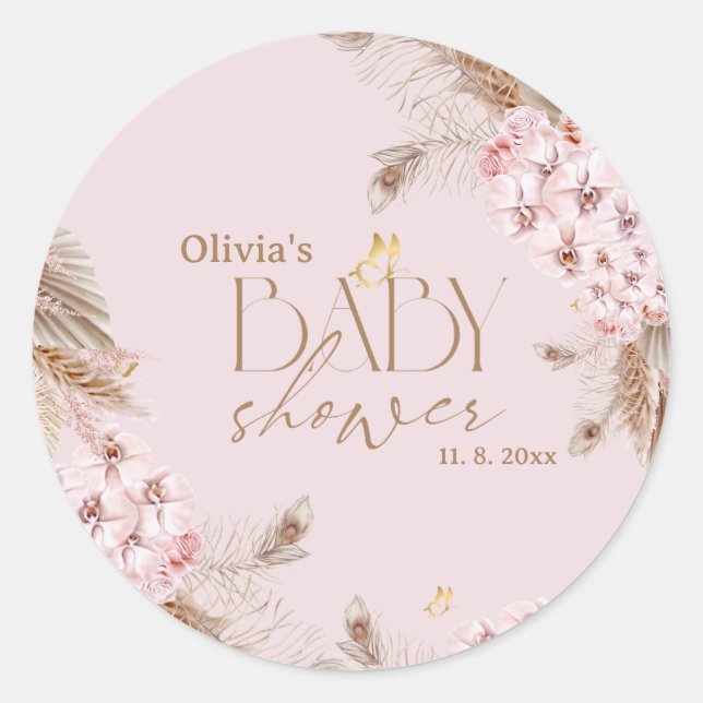 Adesivo Redondo Chuva de Boho Pampas para Chá de Bebê (Frente)