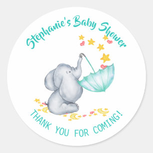 Adesivo Redondo Chuva de Estrelas no Chá de Bebê do Elefante Obrig