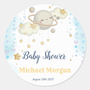 Adesivo Redondo Chuva de Estrelas Planeta Nuvens Azul Baby Shower