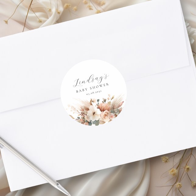 Adesivo Redondo Chuva de Flores Boho Bebê Pampas  (Boho Floral Pampas Grass Baby Shower Classic Round Sticker)