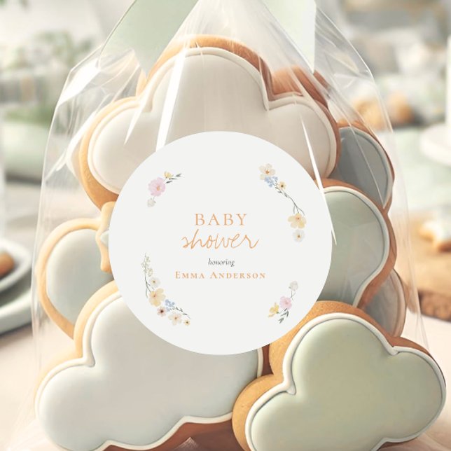 Adesivo Redondo Chuva de flores Botânico Boho Script baby shower  (Criador carregado)