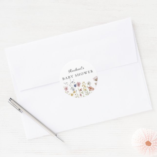Adesivo Redondo Chuva de Flores Silvestres Boho Baby Shower (Envelope)