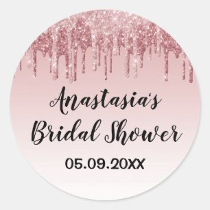 Adesivo Redondo Chuva de Glitter Rosa Dourado no Chá de Noiva Glam