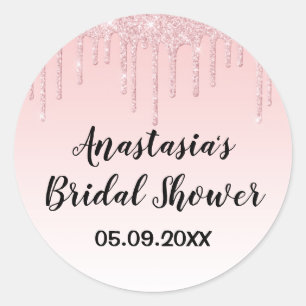 Adesivo Redondo Chuva de Glitter Rosa Dourado no Chá de Noiva Glam