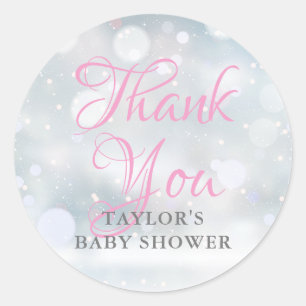 Adesivo Redondo Chuva de Neve baby shower Obrigado