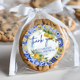 Adesivo Redondo Chuva de Noiva Agradecimento Blue Tile Lemons Scri