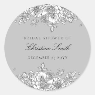Adesivo Redondo Chuva de Noiva Arte Floral Cinza em Linha