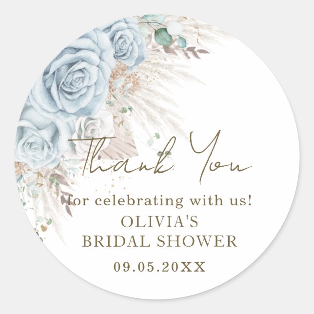 Adesivo Redondo Chuva de Noiva Boho Pampas Grama Azul Pastel Flora (Frente)