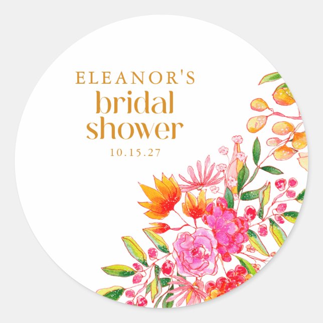 Adesivo Redondo Chuva de Noiva Flor de Aquarela Laranja Rosa Moder (Frente)