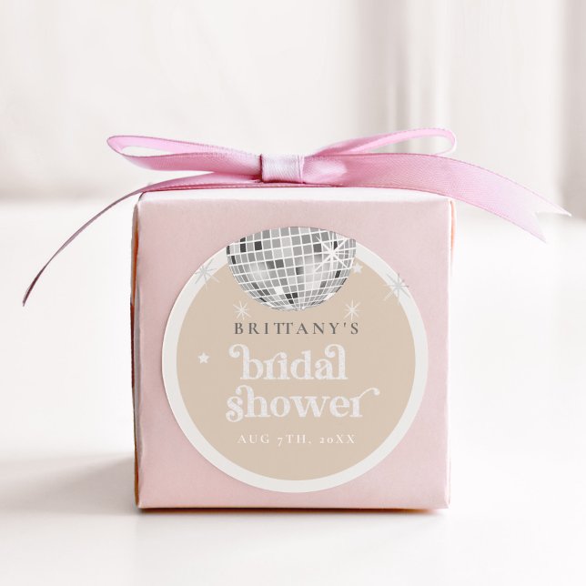 Adesivo Redondo Chuva de Noiva Groovy Disco Retro Prata (Disco Diva bridal shower circle sticker)