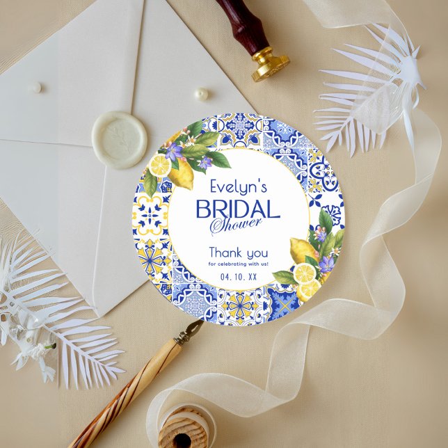 Adesivo Redondo Chuva de Noiva Limões em Azulejo Azul Mosaico Ital (Criador carregado)