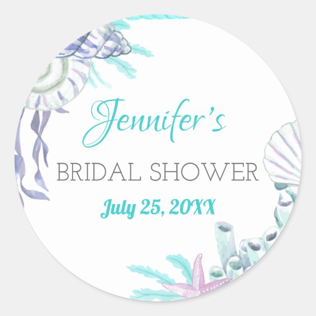Adesivo Redondo Chuva de Noiva Náutica Aqua Shell Aquarela (Frente)