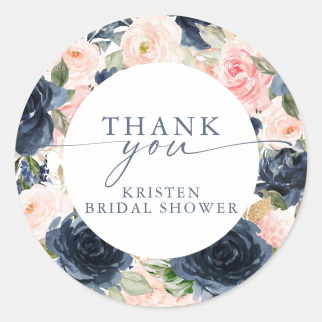 Adesivo Redondo Chuva de Noiva Rosa Azul Floral Bordas Aquarela (Frente)