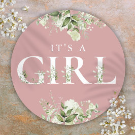 Adesivo Redondo Chuva de Pétalas Rosa É Uma Menina Chuveiro de Beb