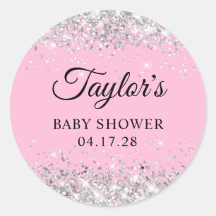 Adesivo Redondo Chuva de Prata Rosa Baby Shower