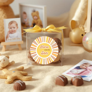 Adesivo Redondo Chuva de Sol Baby Shower Boho Retro Amarelo