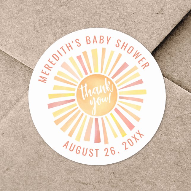 Adesivo Redondo Chuva de Sol - Obrigada pelo Chá de Bebê (Sunshine Baby Shower Thank You Classic Round Sticker)