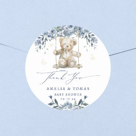 Adesivo Redondo Chuveirinho de Ursinho Azul Baby Shower Obrigado