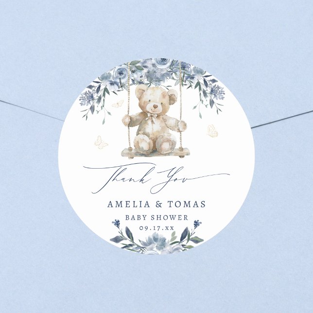 Adesivo Redondo Chuveirinho de Urso Azul Baby Shower Obrigado (Criador carregado)