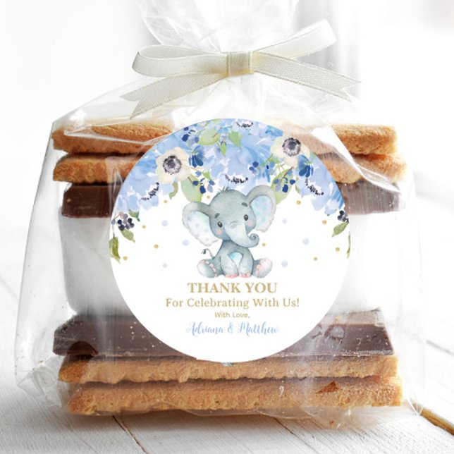 Adesivo Redondo Chuveiro de Bebê Elefante Floral Azul Favor de Agr (Criador carregado)