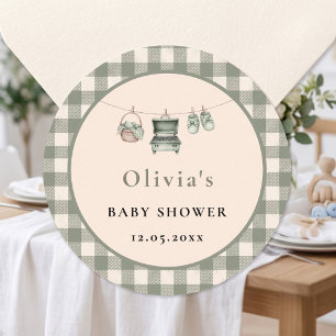 Adesivo Redondo Chuveiro de Bebê Sage Gingham Roupas Grelha
