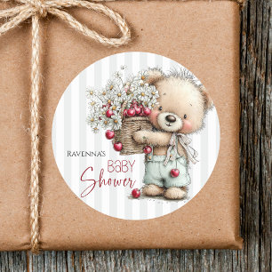 Adesivo Redondo Chuveiro de Bebê Urso Teddy Listras Cinzas Doce Ma