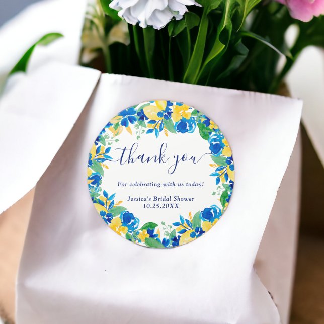 Adesivo Redondo Chuveiro de noiva em aquarela floral de limões ama (Blue yellow lemons floral watercolor bridal shower classic round sticker)