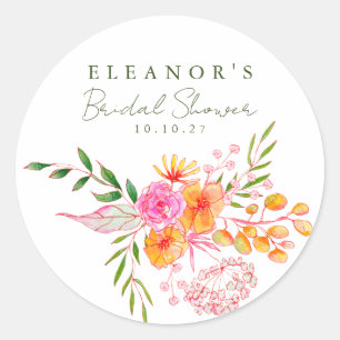 Adesivo Redondo Chuveiro de Noiva em Aquarela Floral Rosa Laranja 