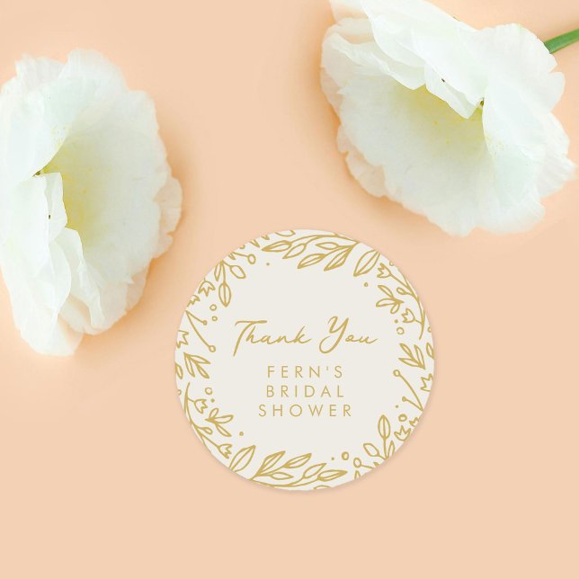Adesivo Redondo Chuveiro de Noiva Floral de Jardim Dourado Suave O (Golden botanical Thank You stickers from the Gilded Garden bridal shower suite.)