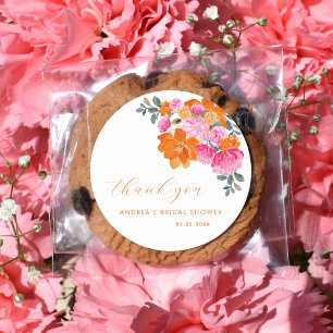 Adesivo Redondo Chuveiro de Noiva Floral Vibrante Rosa Laranja Obr