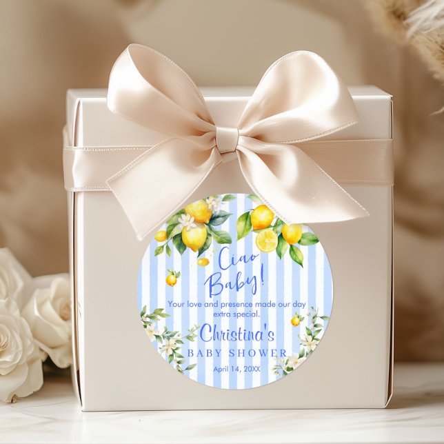 Adesivo Redondo Ciao Baby Blue Stripe Lemon Baby Shower Thank you  (Ciao Baby Blue Stripe Lemon Baby shower Thank you Stickers)