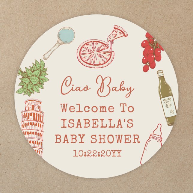 Adesivo Redondo Ciao Baby Line Art Italian Pizza Baby Shower (Criador carregado)