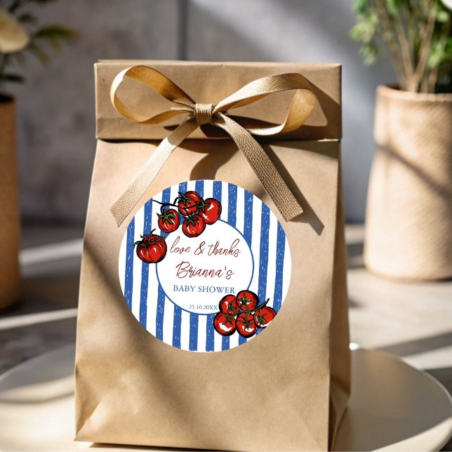 Adesivo Redondo Ciao baby tomato blue Italian baby shower favor (Ciao baby tomato blue stripes  Italian farmers market baby shower personalized favor  Stickers)
