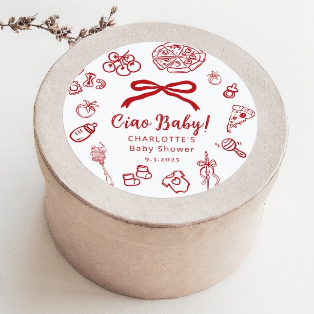 Adesivo Redondo Ciao Baby Whimsical Red Bow Baby Shower (Criador carregado)
