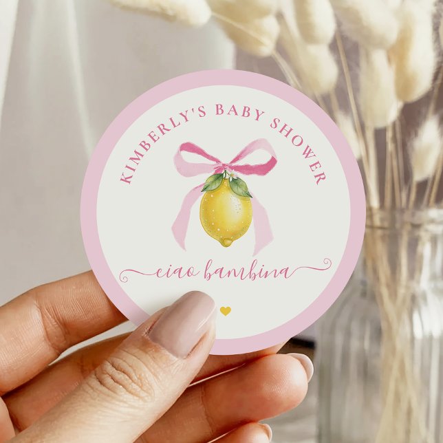 Adesivo Redondo Ciao Bambina Pink Lemon Baby Shower Stickers (Criador carregado)