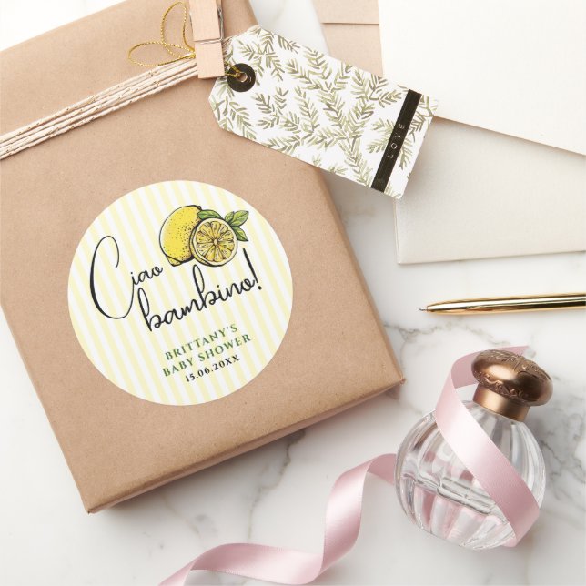 Adesivo Redondo Ciao Bambino Lemon Chá de fraldas de Verão italian (Presentear)
