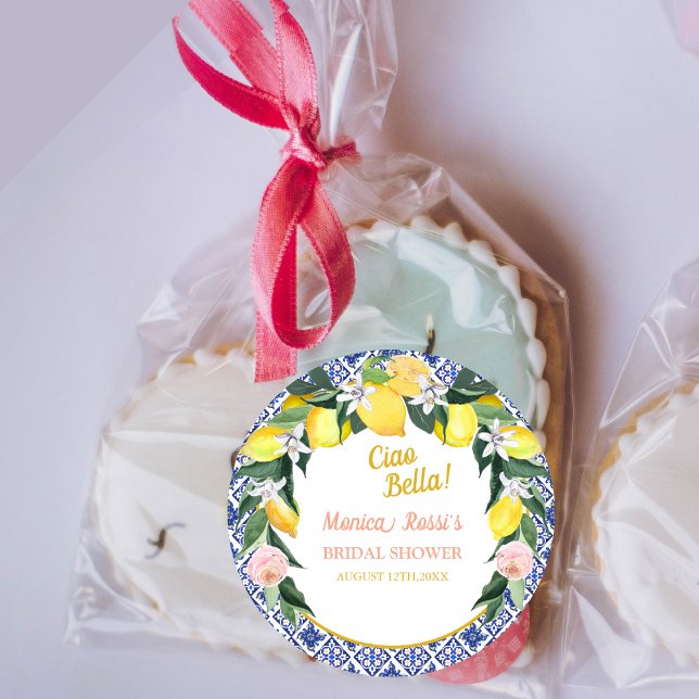 Adesivo Redondo Ciao Bella Azulejos Azuis de Limão Italiano Chá de (Criador carregado)