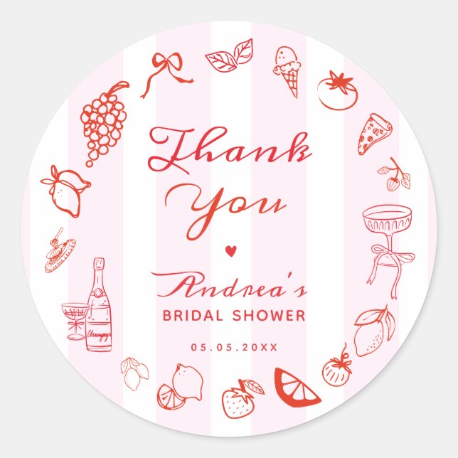 Adesivo Redondo Ciao Bella Hand Drawn Bridal Shower Thank You (Frente)