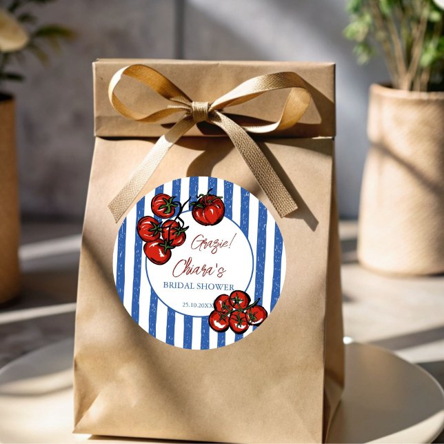 Adesivo Redondo Ciao bella tomate Favor de chuveiro de noiva itali (Ciao bella tomato Italian bridal shower favor Stickers that's amore thank you stickers blue stripes)