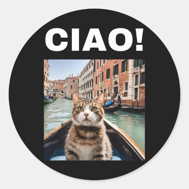 Adesivo Redondo Ciao Funny Gondolier Cat Em Um Gondola Venetiano (Frente)