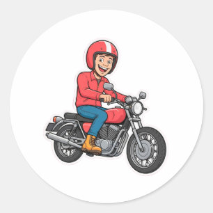 Adesivo Redondo Ciclista de desenho animado pilotando uma motocicl