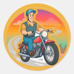 Adesivo Redondo Ciclista de desenho animado pilotando uma motocicl