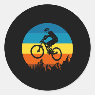 Adesivo Redondo Ciclista de Montanha Pôr do Sol Retro - Mtb Bicicl